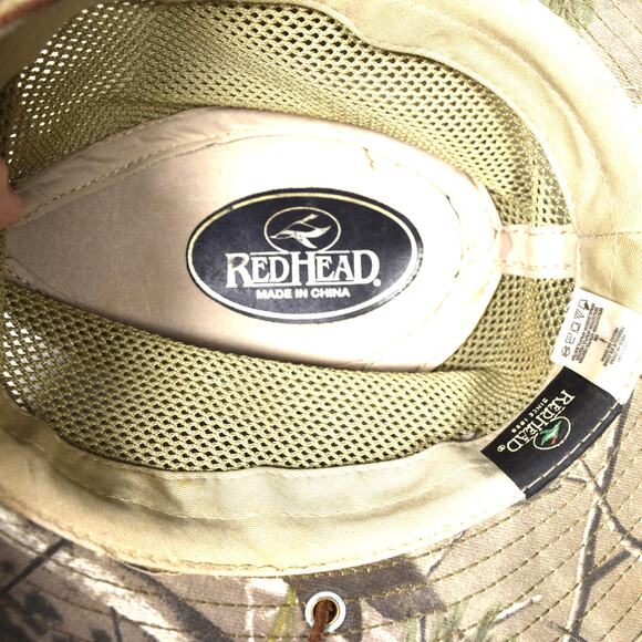 Redhead Camouflage Bucket Hat Khaki Mesh Vented Wide Brim Leather Camo Sunhat - Picture 8 of 11